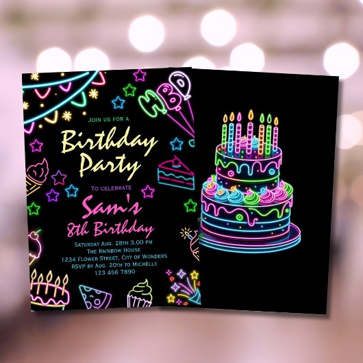Neon Verjaardag Uitnodiging Meisjes Neon Glow Part