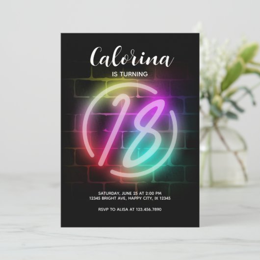 Neon Verjaardag uitnodiging voor Meisje 18th Verja (Staand voorkant)