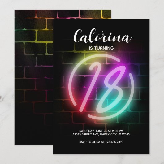 Neon Verjaardag uitnodiging voor Meisje 18th Verja (Voorkant / Achterkant)