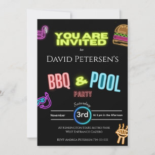 Neon verjaardagsuitnodiging voor BBQ- en zwembadfe Kaart