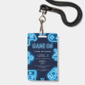 Neon verjaardagsuitnodiging voor videogames badge (Voorzijde met lanyard)
