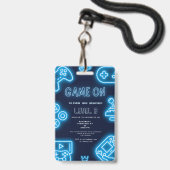 Neon verjaardagsuitnodiging voor videogames voor e badge (Voorzijde met lanyard)