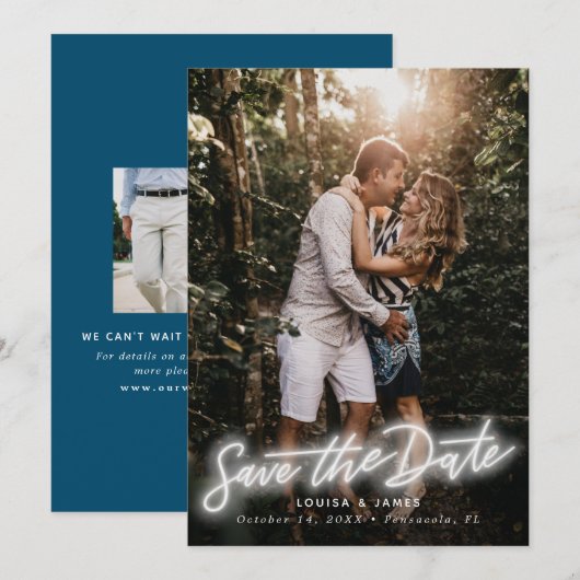 Neon Vertical Photo Save the Date Kaart (Voorkant / Achterkant)