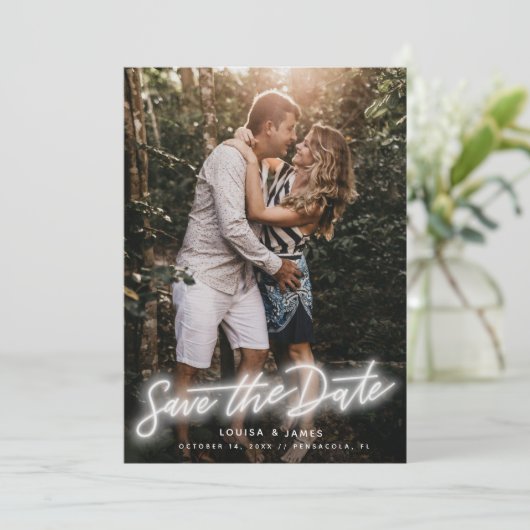 Neon Vertical Photo Save the Date Kaart (Staand voorkant)
