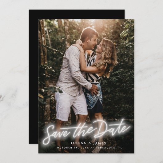 Neon Vertical Photo Save the Date Kaart (Voorkant / Achterkant)