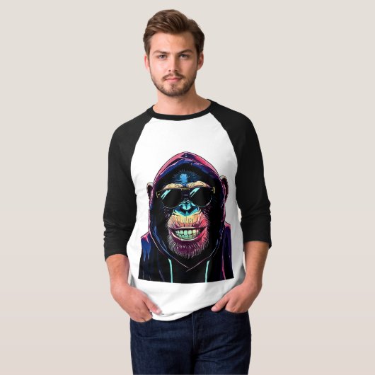Neon Vibe – Stylish Chimpanzee in Hoodie and Sungl T-shirt (Voorkant volledig)