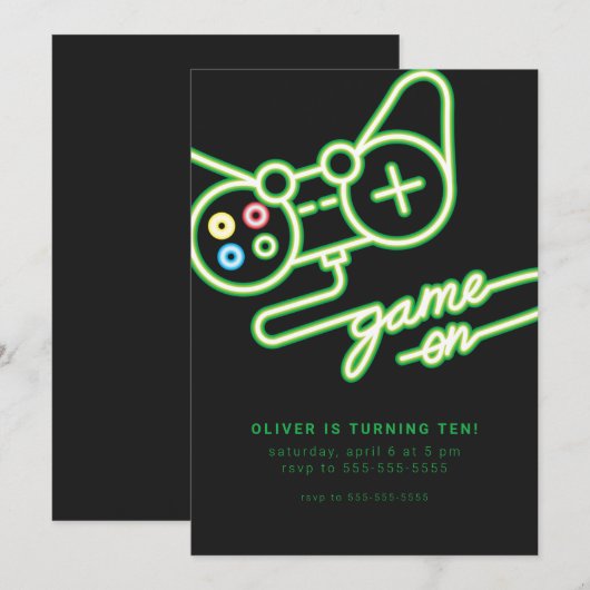 Neon Video Game Birthday Invitation Kaart (Voorkant / Achterkant)
