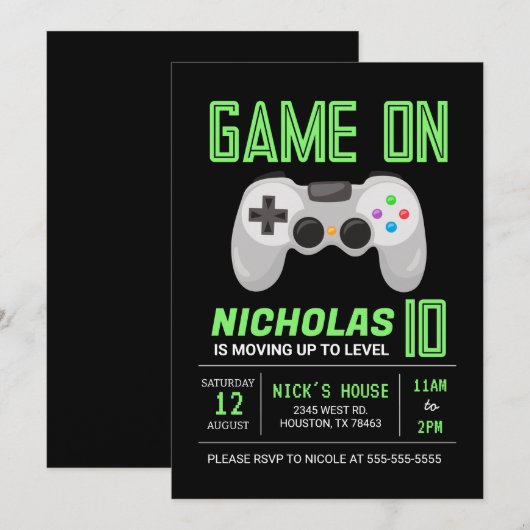 Neon Video Game Birthday Uitnodiging (Voorkant / Achterkant)