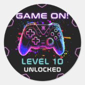 Neon Video Game Niveau Omhoog Verjaardag Ronde Sticker (Voorkant)