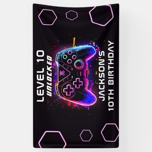 Neon Video Game Party Kinderen Verjaardag Gamer Spandoek (Verticaal)