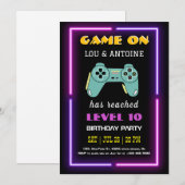 Neon Videospel Verjaardagsuitnodiging Kaart (Voorkant / Achterkant)