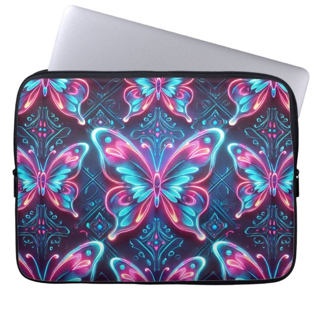 Neon Vlinder Glow Patroon Laptop Sleeve (Voorkant)