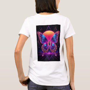 Neon Vlinder Synthwave Zonsondergang Kunst T-shirt