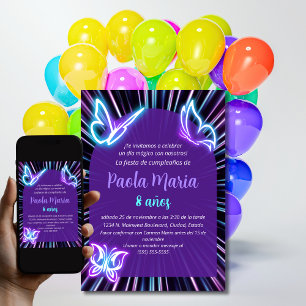 Neon Vlinder Zwart Paars Meisje Verjaardag Spaans Kaart