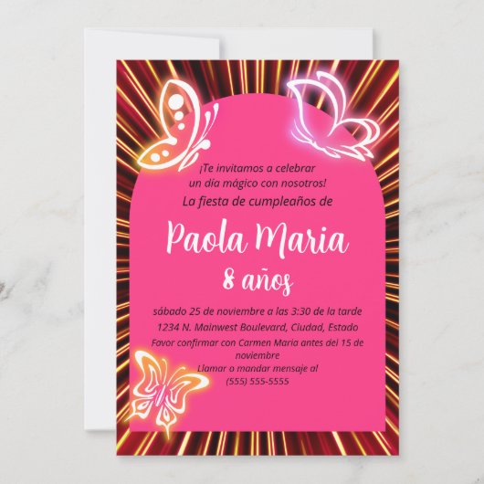 Neon Vlinder Zwart Roze Meisje Verjaardag Spaans Kaart (Voorkant)