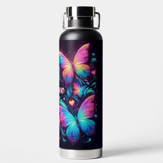 Neon vlinders, harten en liefde waterfles (Achterkant)