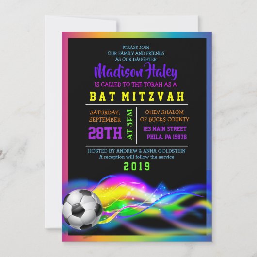 NEON VOETBAL MEISJES Bat Mitzvah Uitnodiging (Voorkant)