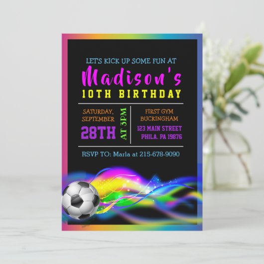 NEON VOETBAL MEISJES Verjaardag Party Meisjes Uitn Kaart (Staand voorkant)