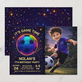 Neon Voetbal Verjaardag Foto Uitnodiging