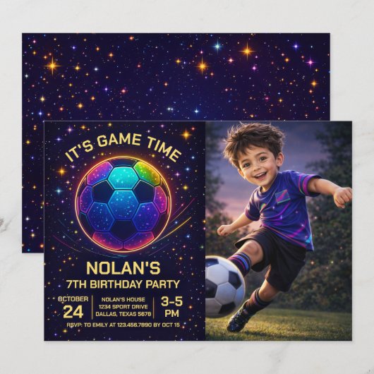 Neon Voetbal Verjaardag Foto Uitnodiging (Voorkant / Achterkant)