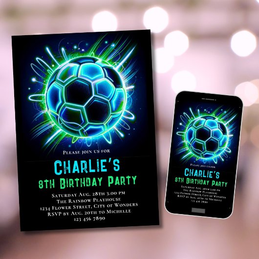 Neon Voetbal Verjaardag Uitnodiging Jongens Neon V