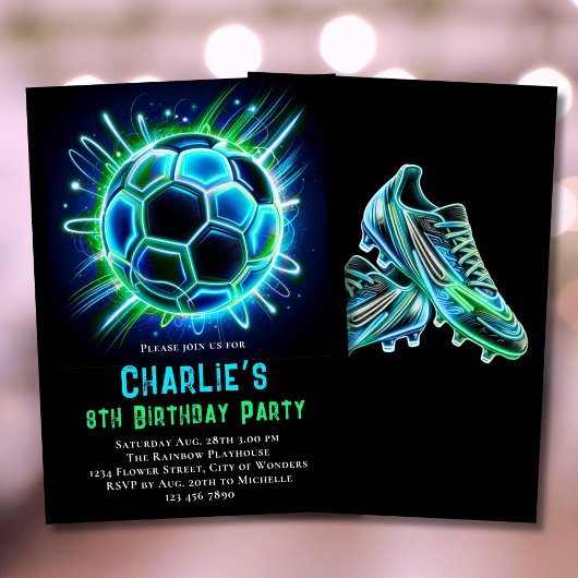 Neon Voetbal Verjaardag Uitnodiging Jongens Neon V