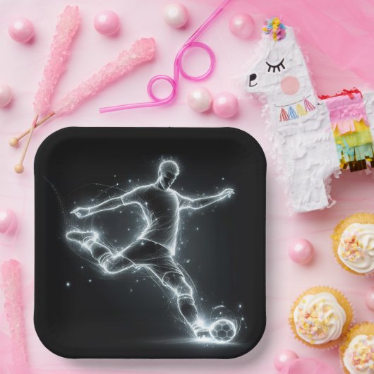 Neon voetbalspeler op zwart papieren bordje (Feest)