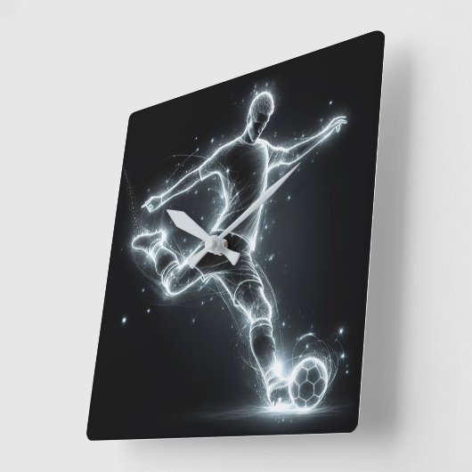 Neon voetbalspeler op zwart vierkante klok (Hoek)
