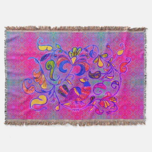 Neon Volkskunst Rosemaling Vogel & Bladeren Deken (Voorkant)