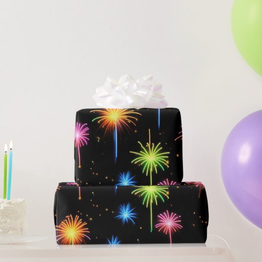Neon vuurwerk op zwart cadeaupapier (Feestgeschenken)