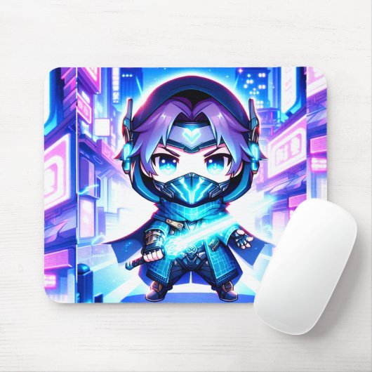 Neon Warrior – Chibi Cyber Ninja Mousepad Muismat (Met muis)