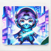 Neon Warrior – Chibi Cyber Ninja Mousepad Muismat (Voorkant)