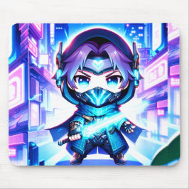 Neon Warrior – Chibi Cyber Ninja Mousepad Muismat