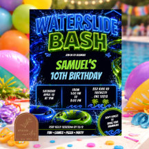 Neon Waterglijbaan Feest Tiener Verjaardagsuitnodi