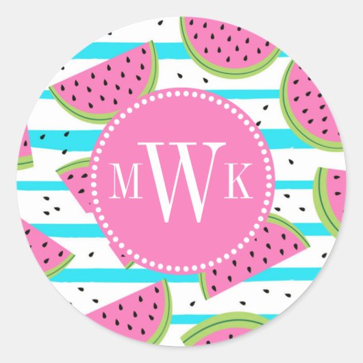 Neon Watermelon op Stripes Pattern Ronde Sticker (Voorkant)