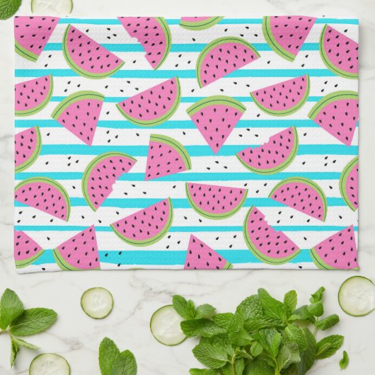 Neon Watermelon op Stripes Pattern Theedoek (Gevouwen)