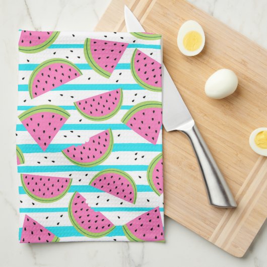Neon Watermelon op Stripes Pattern Theedoek (Quarter Fold)