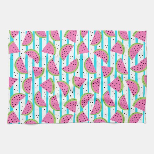 Neon Watermelon op Stripes Pattern Theedoek (Horizontaal)
