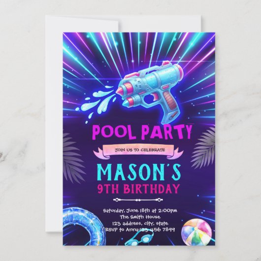 Neon waterpistool feest uitnodiging (Voorkant)