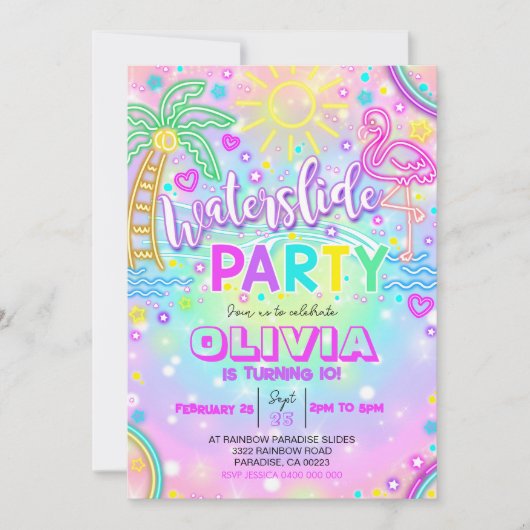 Neon Waterslide Uitnodiging Regenboogwaterglijbaan (Voorkant)