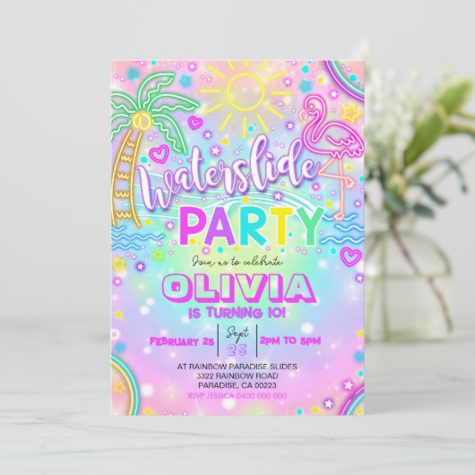 Neon Waterslide Uitnodiging Regenboogwaterglijbaan (Staand voorkant)