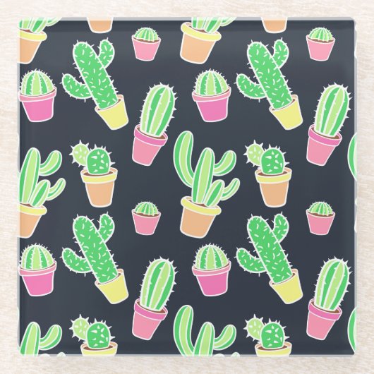Neon Waterverf Cacti in Pots Pattern Glazen Onderzetter (Voorkant)