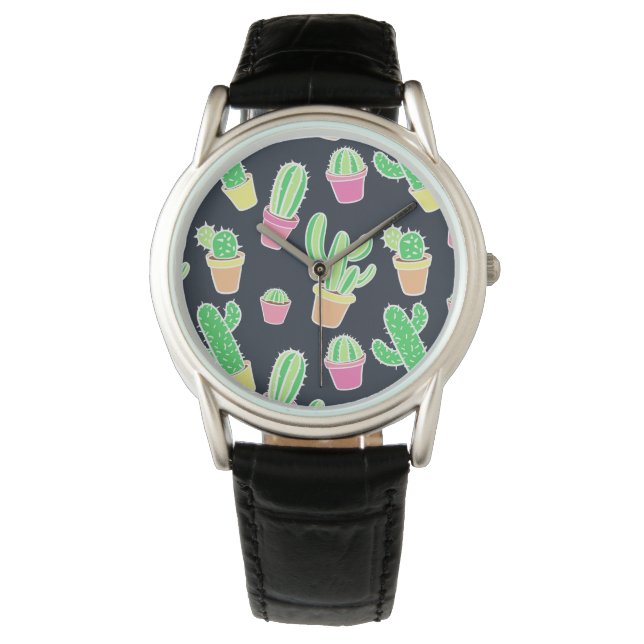 Neon Waterverf Cacti in Pots Pattern Horloge (Voorkant)