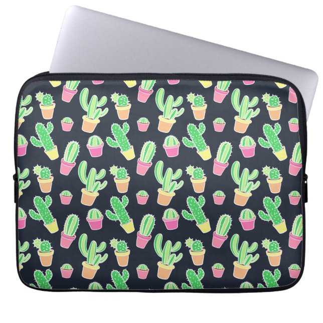 Neon Waterverf Cacti in Pots Pattern Laptop Sleeve (Voorkant)