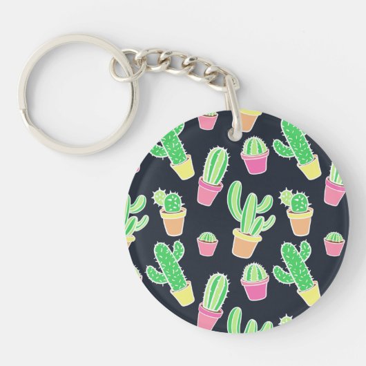 Neon Waterverf Cacti in Pots Pattern Sleutelhanger (Voorkant)