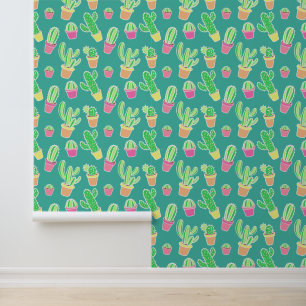 Neon Waterverf cactus in pottenpatroon Behang