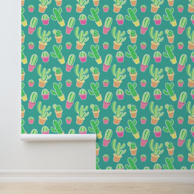 Neon Waterverf cactus in pottenpatroon Behang (Applicatie)