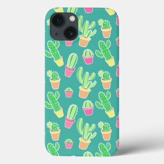 Neon Waterverf cactus in pottenpatroon iPhone 13 Hoesje