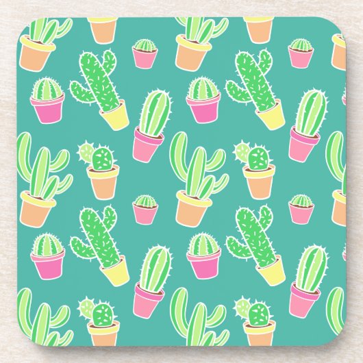 Neon Waterverf cactus in pottenpatroon Onderzetter (Voorkant)