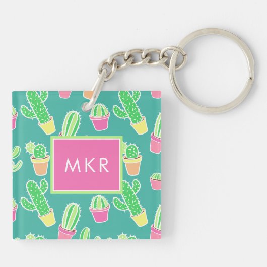 Neon Waterverf cactus in pottenpatroon Sleutelhanger (Achterkant)